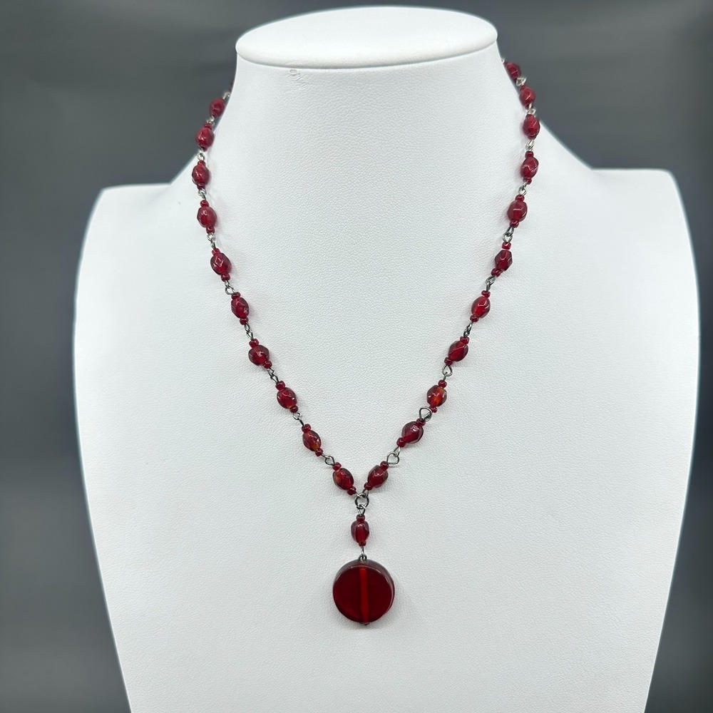 Red Beaded Pendant Necklace Round Disc Drop Gothic Romantic Vintage Statement